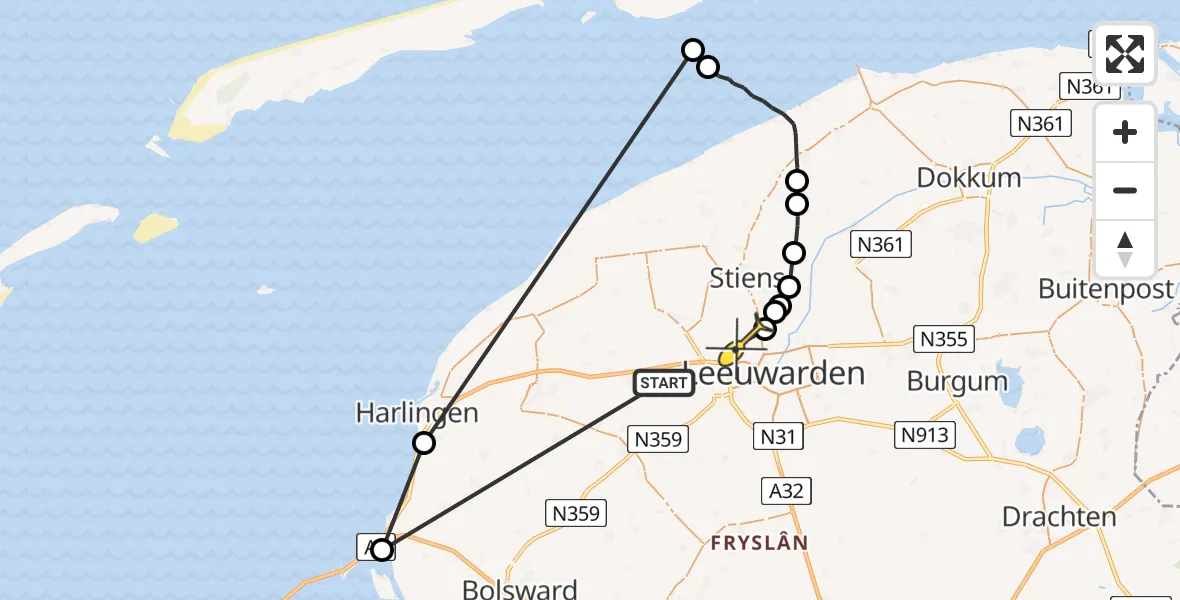 Routekaart van de vlucht: Ambulancehelikopter naar Vliegbasis Leeuwarden, Houwdijk