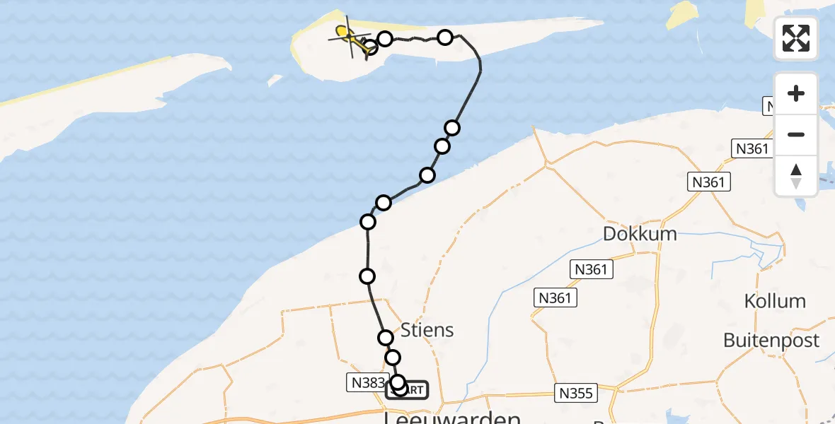 Routekaart van de vlucht: Ambulanceheli naar Ameland Airport Ballum, Sirtemawei