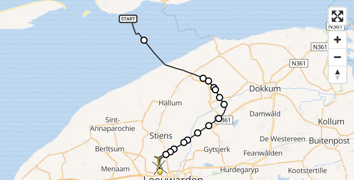 Routekaart van de vlucht: Ambulanceheli naar Vliegbasis Leeuwarden, Robbentocht WL35 Brakzand
