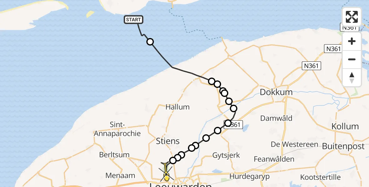 Routekaart van de vlucht: Ambulancehelikopter naar Vliegbasis Leeuwarden, Robbentocht WL35 Brakzand