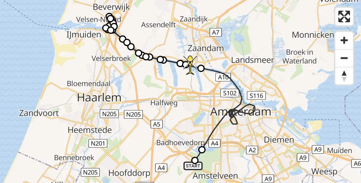 Routekaart van de vlucht: Politieheli naar Amsterdam Heliport, Aalsmeer