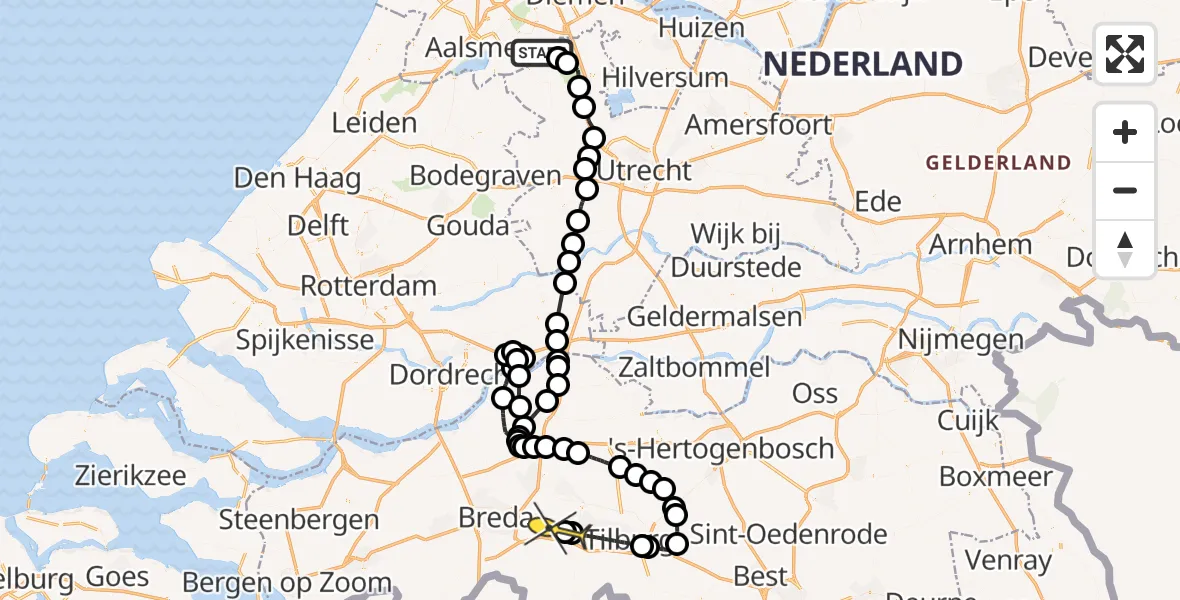 Routekaart van de vlucht: Politieheli naar Vliegbasis Gilze-Rijen, Waver