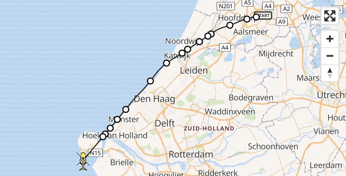 Routekaart van de vlucht: Politieheli naar Rockanje, Amsterdam-Bataviaweg