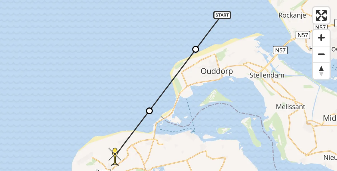 Routekaart van de vlucht: Politiehelikopter naar Burgh-Haamstede, Hogezoom