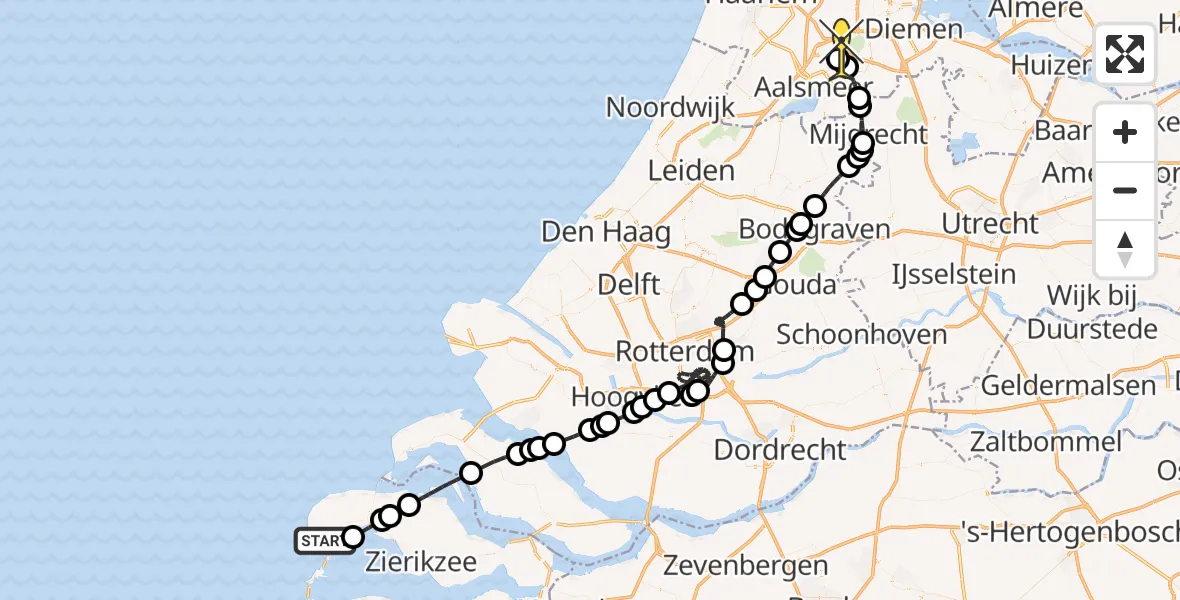 Routekaart van de vlucht: Politieheli naar Schiphol, Strand Westenschouwen