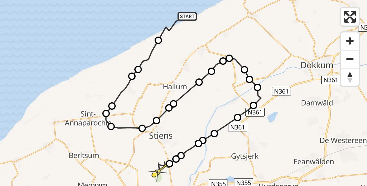 Routekaart van de vlucht: Ambulanceheli naar Vliegbasis Leeuwarden, Nieuwebildtzijl F