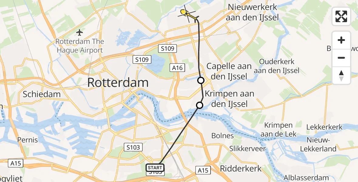 Routekaart van de vlucht: Politieheli naar Rotterdam, Akselsekreek