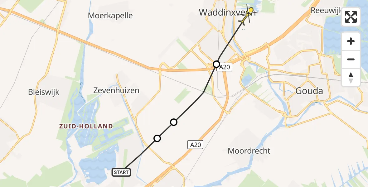Routekaart van de vlucht: Politiehelikopter naar Waddinxveen, Piet Begeerstraat