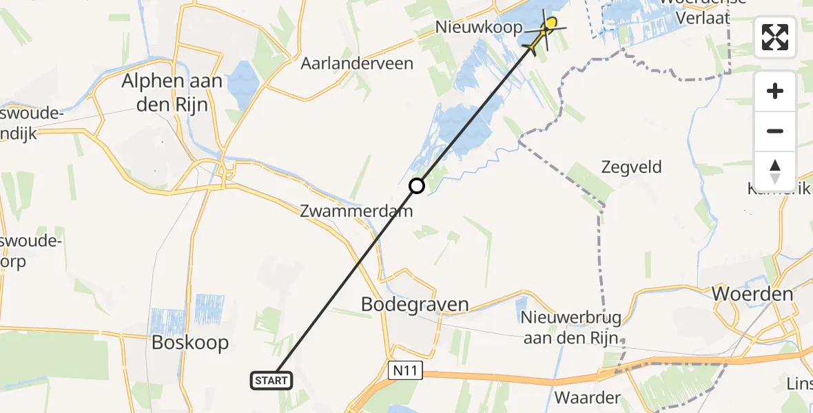 Routekaart van de vlucht: Politiehelikopter naar Nieuwkoop, Oude Vaart
