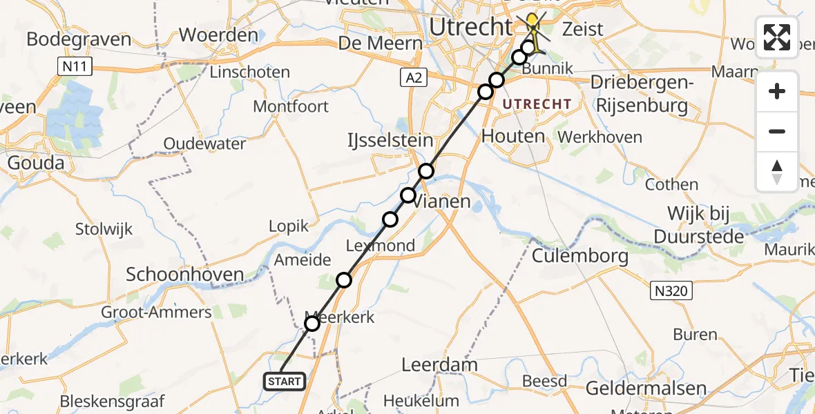 Routekaart van de vlucht: Lifeliner 3 naar Universitair Medisch Centrum Utrecht, Middenweg