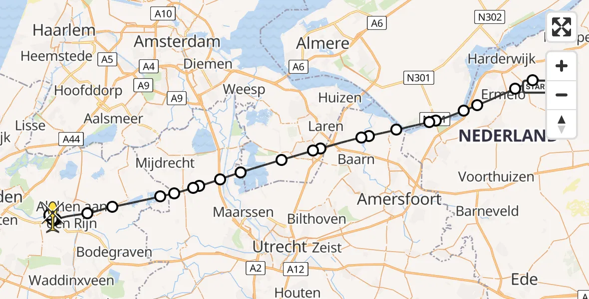 Routekaart van de vlucht: Politieheli naar Koudekerk aan den Rijn, Beekhuizerweg