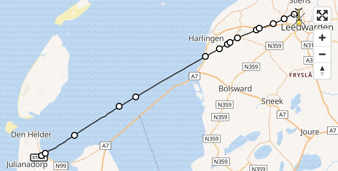 Routekaart van de vlucht: Ambulancehelikopter naar Vliegbasis Leeuwarden, Keegsdijkje