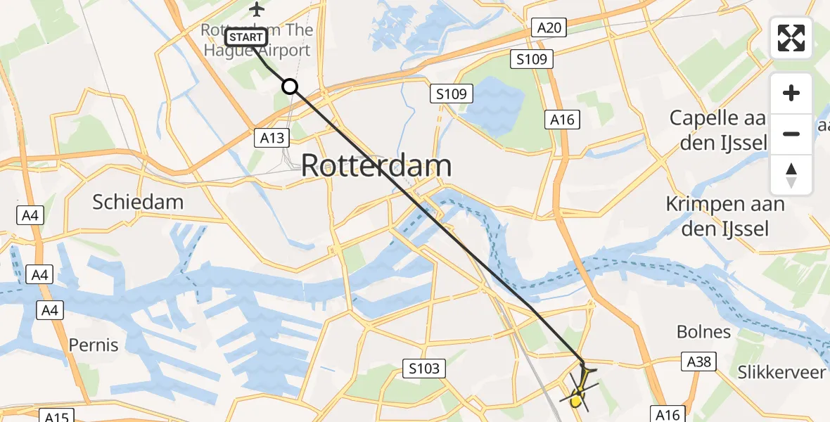 Routekaart van de vlucht: Lifeliner 2 naar Rotterdam, Overschiese Kleiweg