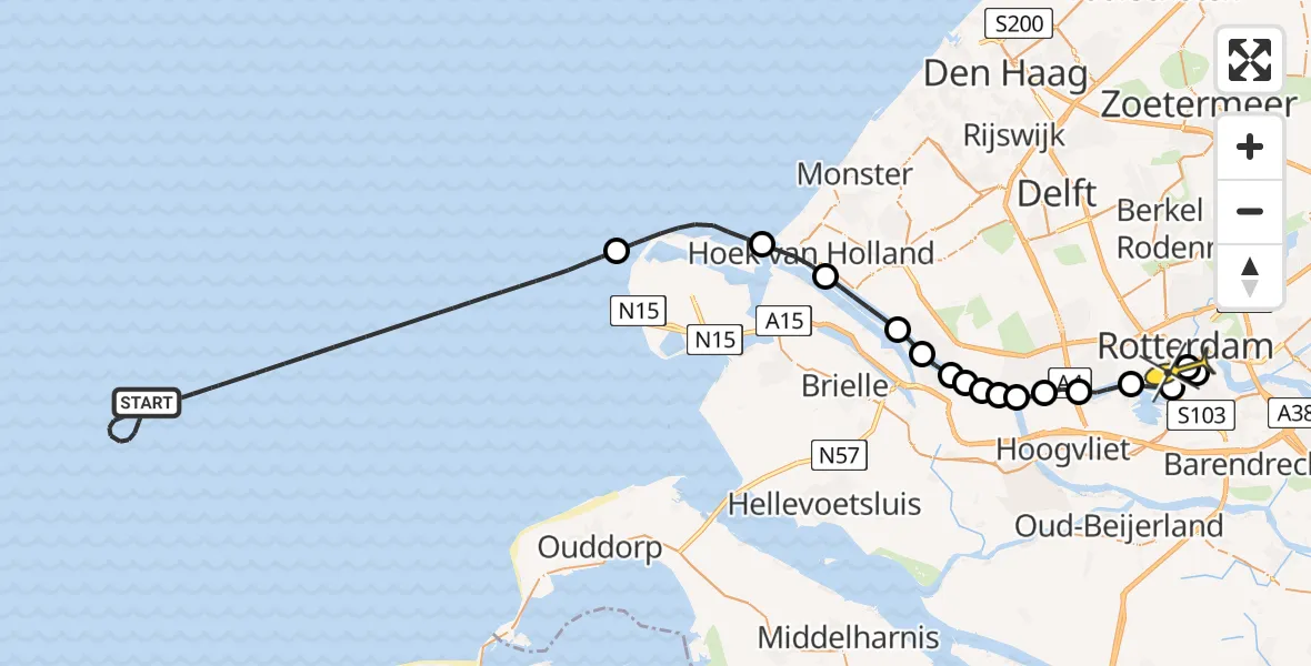 Routekaart van de vlucht: Kustwachthelikopter naar Erasmus MC, Westzeedijk