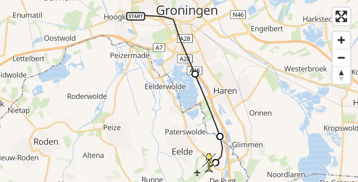 Routekaart van de vlucht: Lifeliner 4 naar Groningen Airport Eelde, Protonstraat