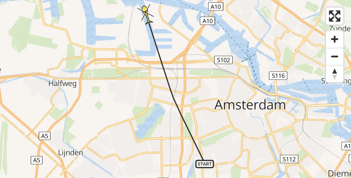 Routekaart van de vlucht: Lifeliner 1 naar Amsterdam Heliport, Jan Voermanstraat