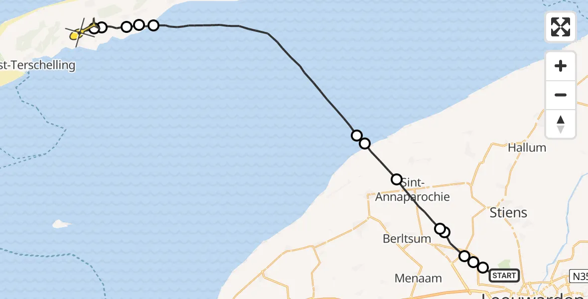 Routekaart van de vlucht: Ambulanceheli naar Midsland, Keegsdijkje