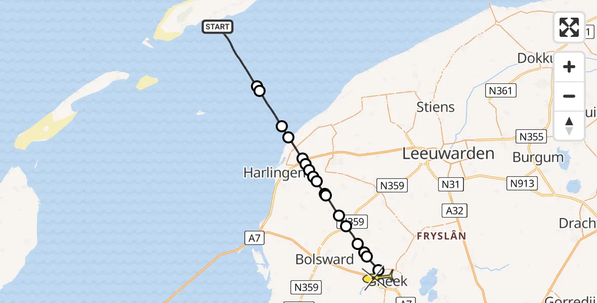 Routekaart van de vlucht: Ambulanceheli naar Sneek, Bolswarderbaan