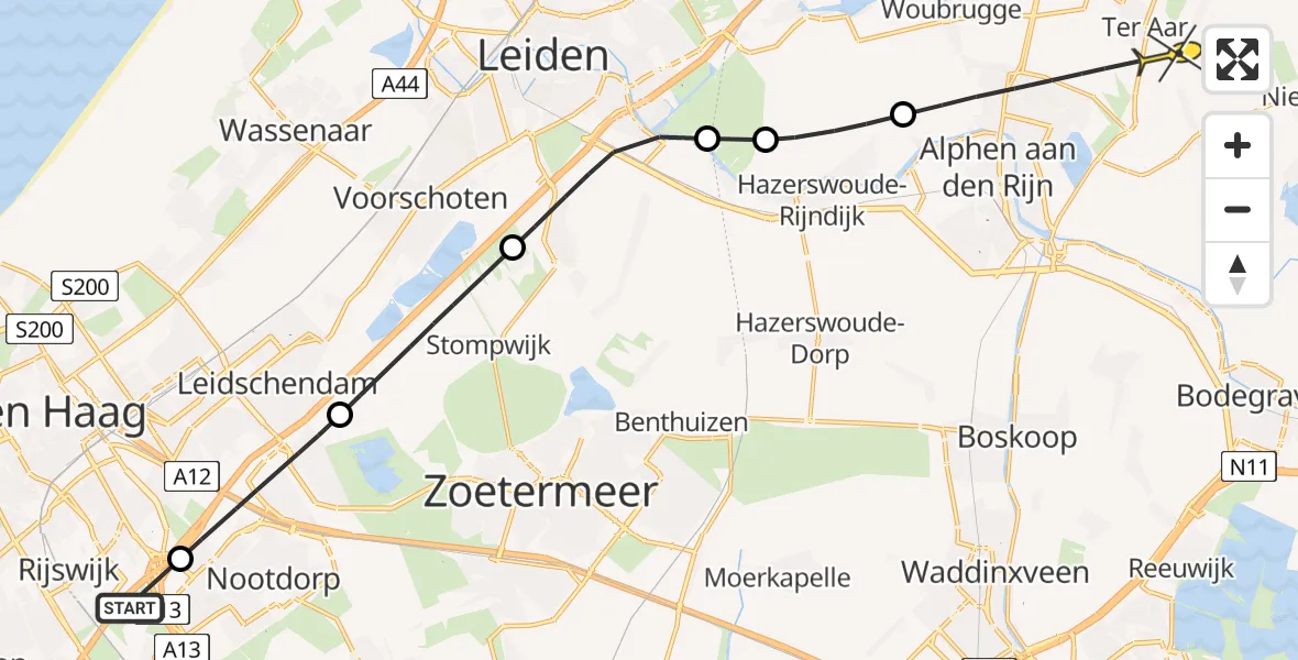 Routekaart van de vlucht: Politieheli naar Ter Aar, Laan van Kans