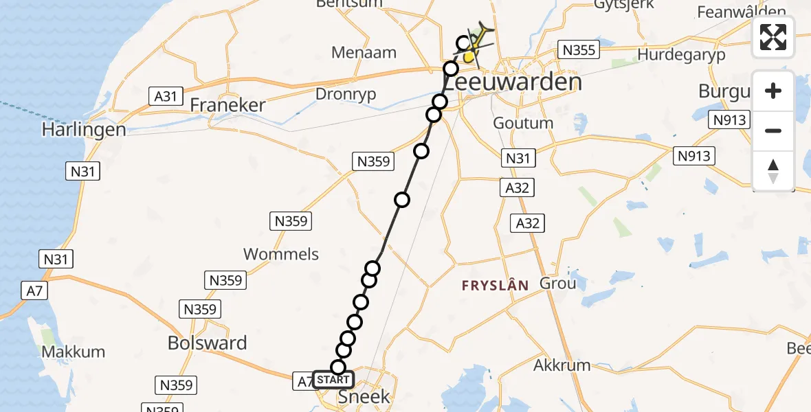 Routekaart van de vlucht: Ambulanceheli naar Vliegbasis Leeuwarden, Ivige Leane