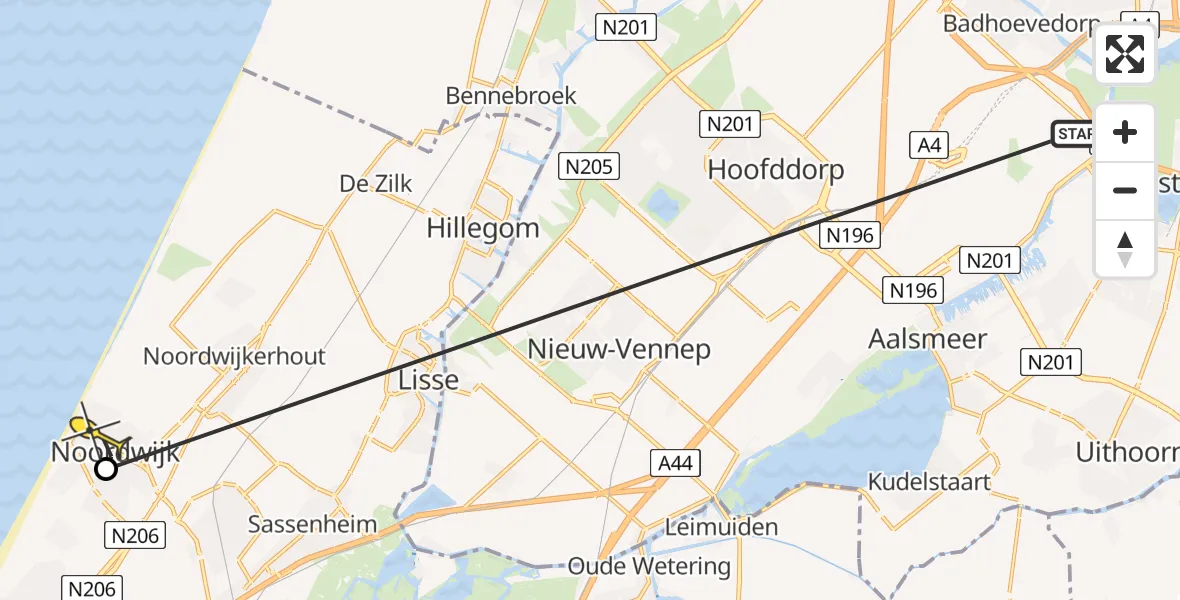 Routekaart van de vlucht: Politiehelikopter naar Noordwijk, Quarles van Uffordstraat