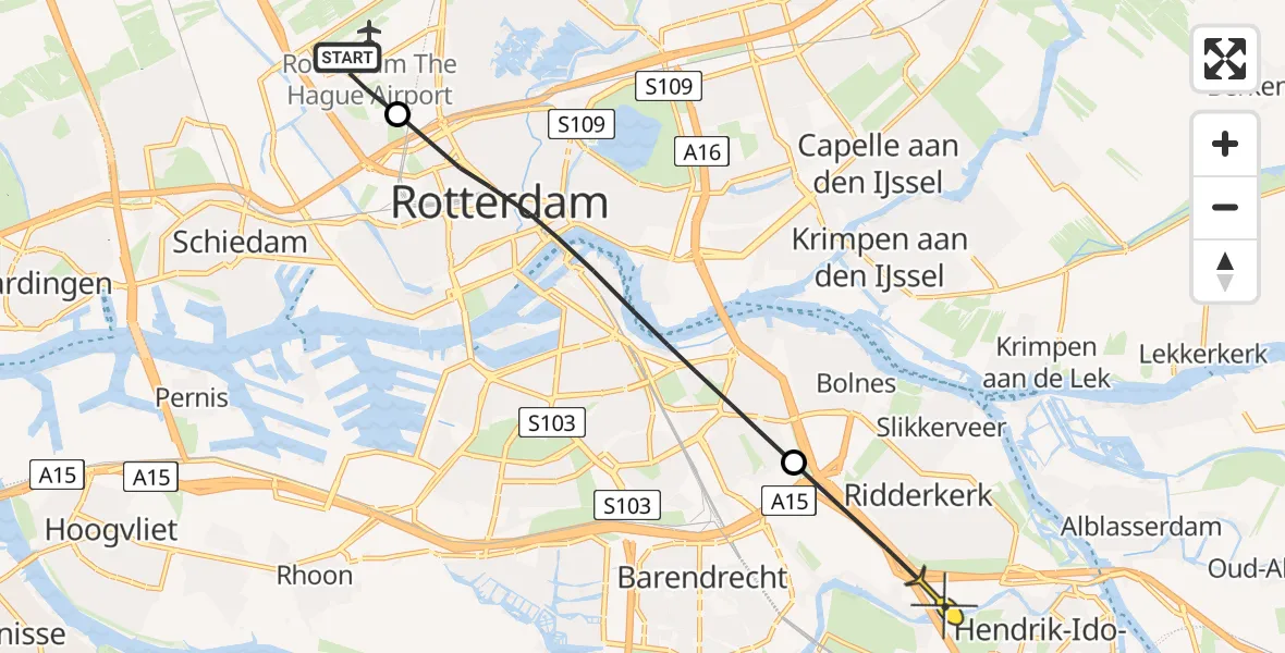 Routekaart van de vlucht: Lifeliner 2 naar Ridderkerk, Overschiese Kleiweg