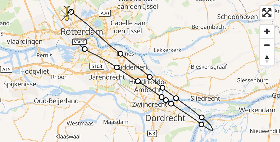 Routekaart van de vlucht: Lifeliner 2 naar Rotterdam The Hague Airport, Nieuwe Maas