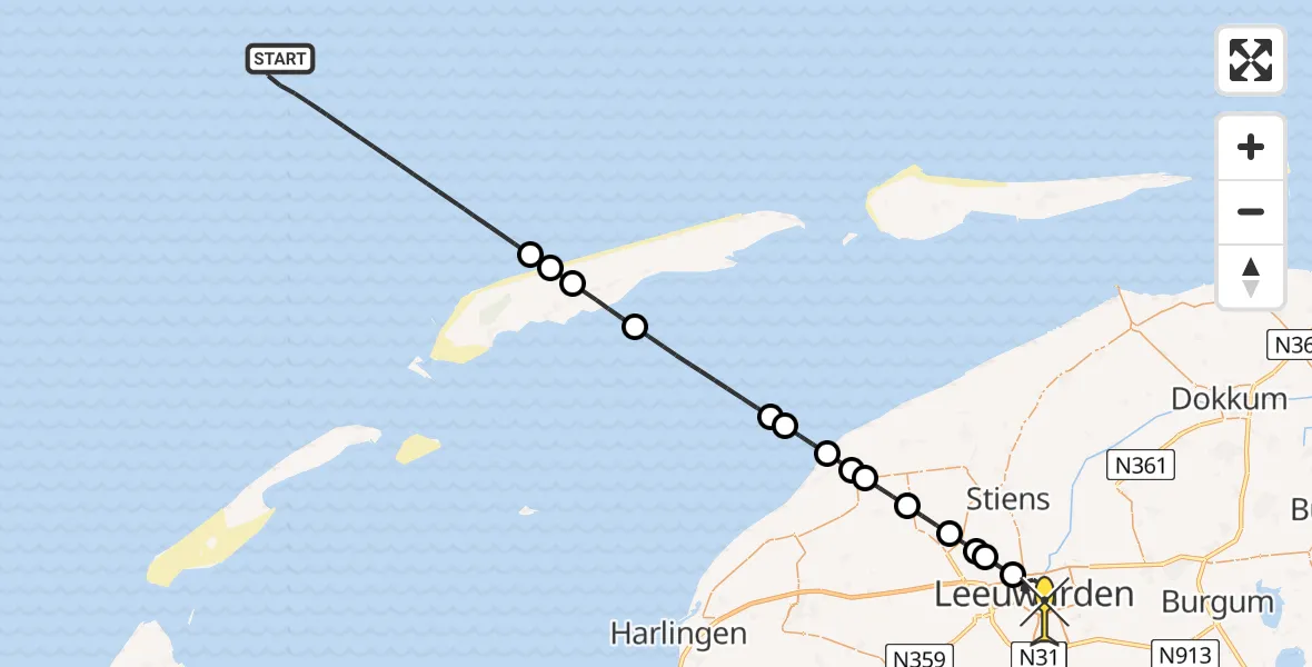 Routekaart van de vlucht: Kustwachthelikopter naar Leeuwarden, Midsland aan Zee