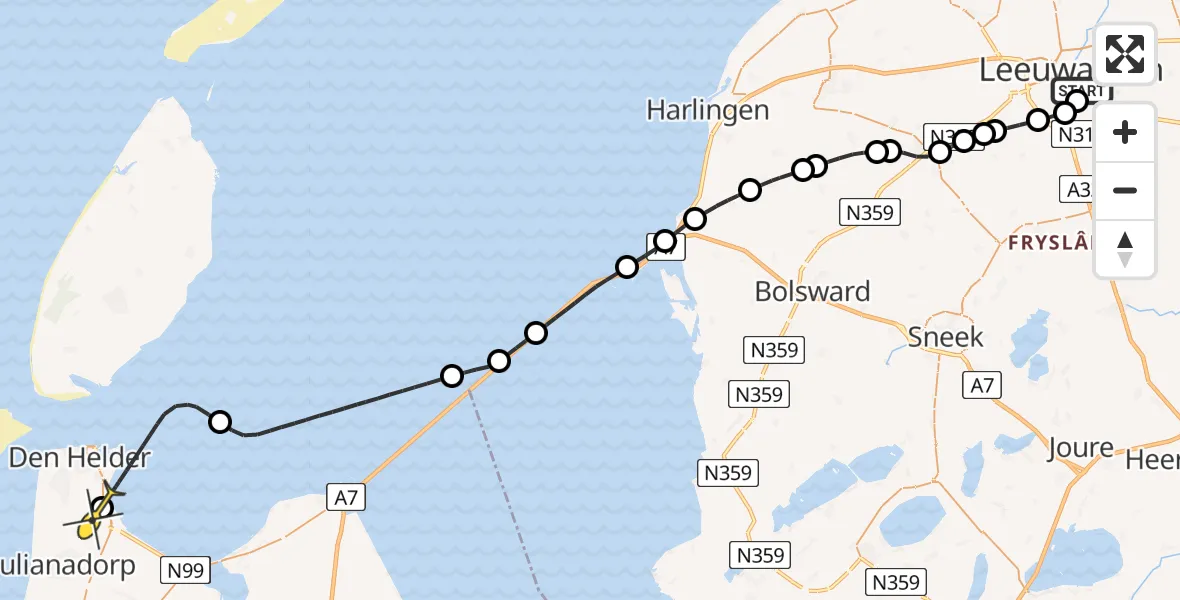 Routekaart van de vlucht: Kustwachthelikopter naar Vliegveld De Kooy, Jonkersleane