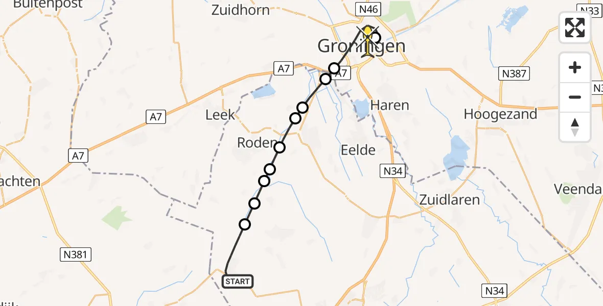 Routekaart van de vlucht: Lifeliner 4 naar Universitair Medisch Centrum Groningen, Hoofdweg