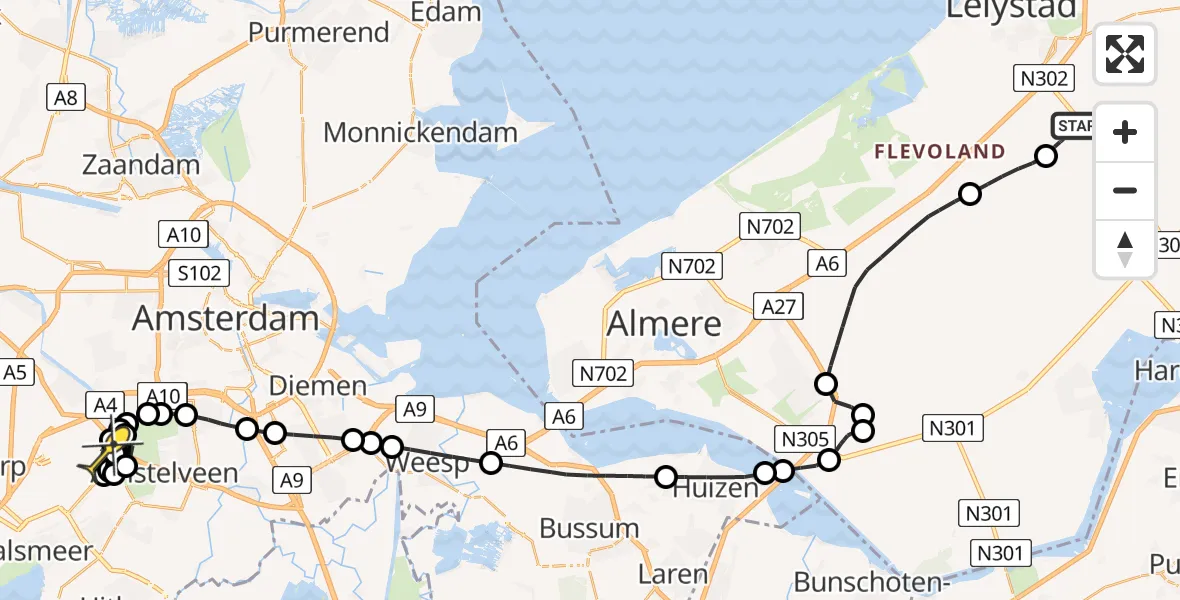 Routekaart van de vlucht: Politiehelikopter naar Schiphol, Flamingoweg