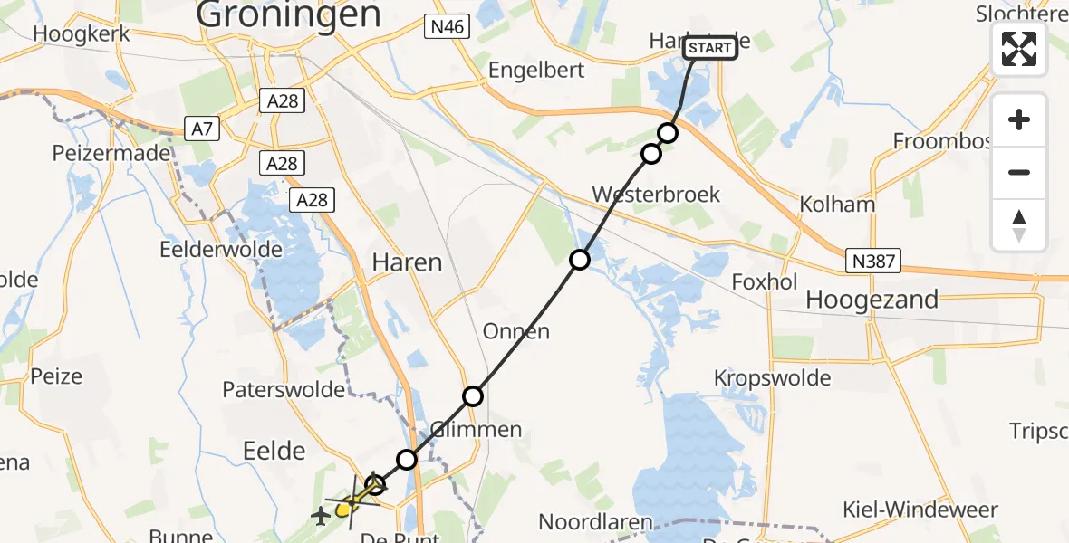 Routekaart van de vlucht: Lifeliner 4 naar Groningen Airport Eelde, Herenlaan