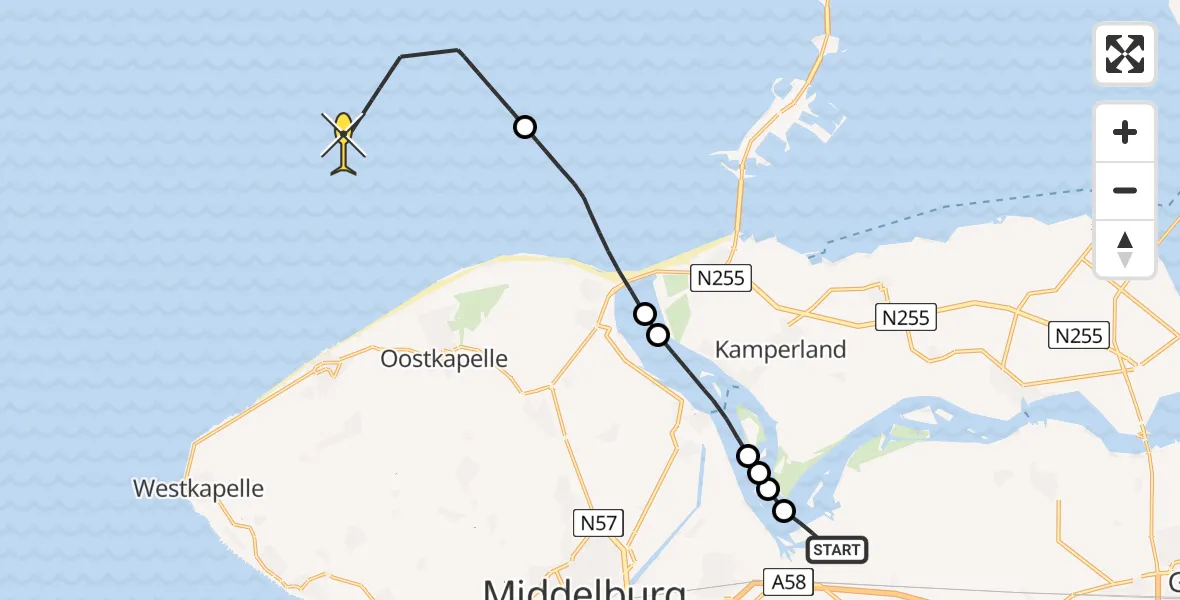 Routekaart van de vlucht: Kustwachthelikopter naar Oranjeplaatweg