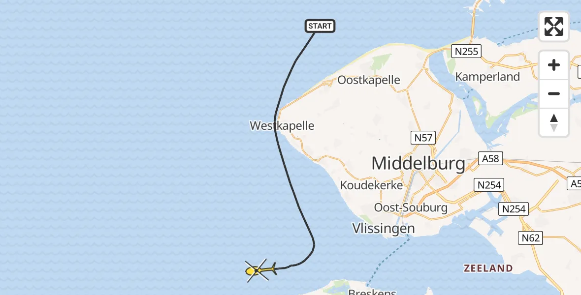 Routekaart van de vlucht: Kustwachthelikopter naar Vlissingen