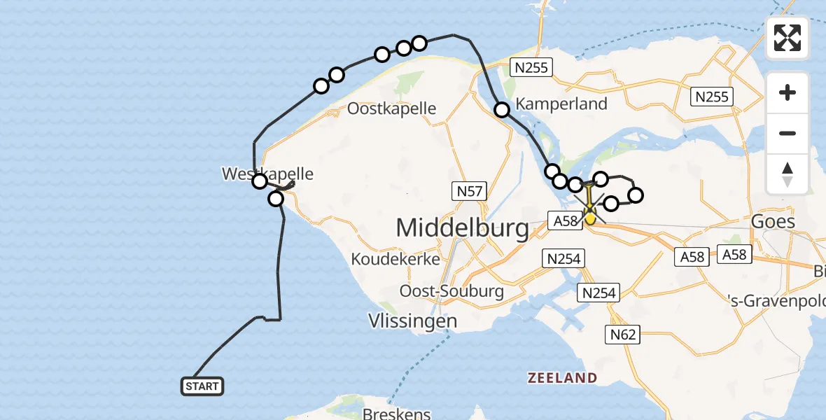 Routekaart van de vlucht: Kustwachthelikopter naar Vliegveld Midden-Zeeland, Liberty Bridge