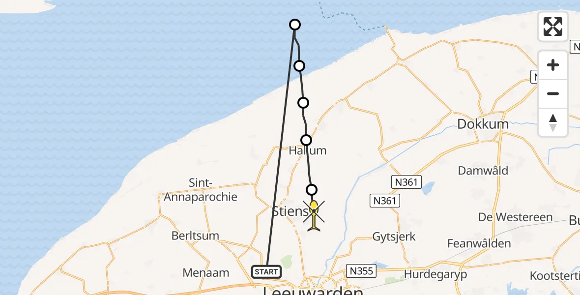 Routekaart van de vlucht: Ambulancehelikopter naar Stiens, Aldlânsdyk