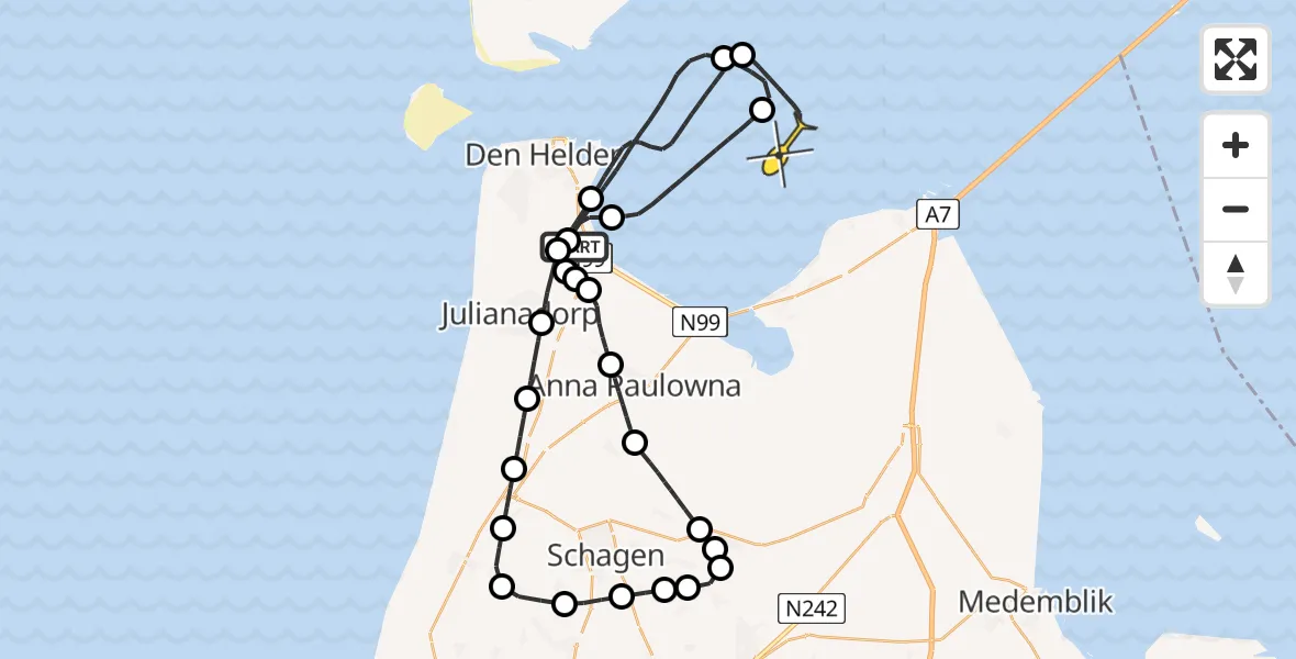 Routekaart van de vlucht: Kustwachthelikopter naar Den Oever, Balgzanddijk