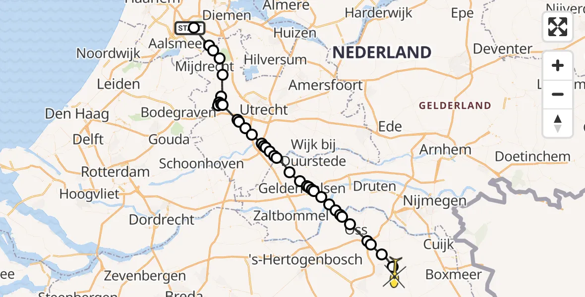 Routekaart van de vlucht: Politieheli naar Vliegbasis Volkel, Zeelandsedijk