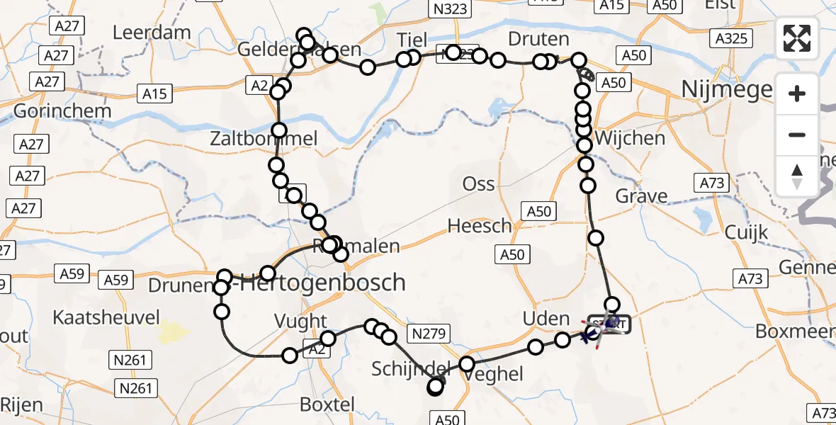 Vluchtroute Politiehelikopter van Vliegbasis Volkel naar Vliegbasis Volkel