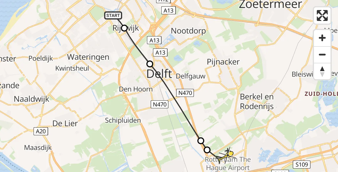 Routekaart van de vlucht: Lifeliner 2 naar Rotterdam The Hague Airport, Kleine Vuurvlinderstraat