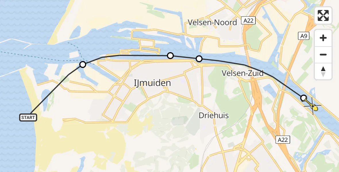 Routekaart van de vlucht: Politieheli naar Velsen-Zuid, Strandweg