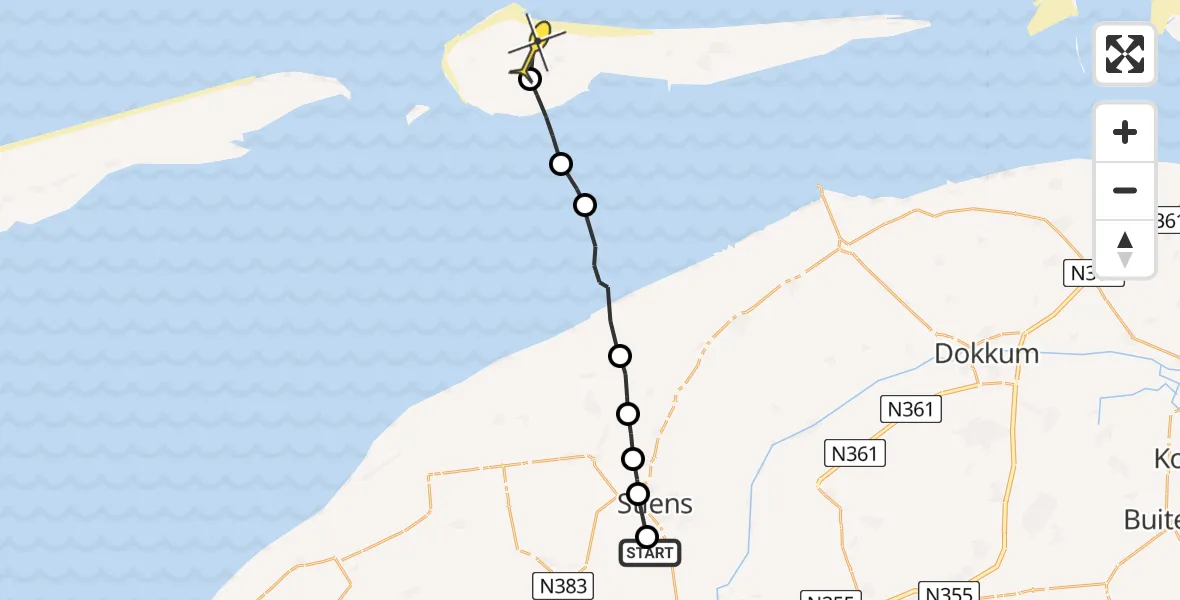 Routekaart van de vlucht: Ambulanceheli naar Ameland Airport Ballum, Brédyk