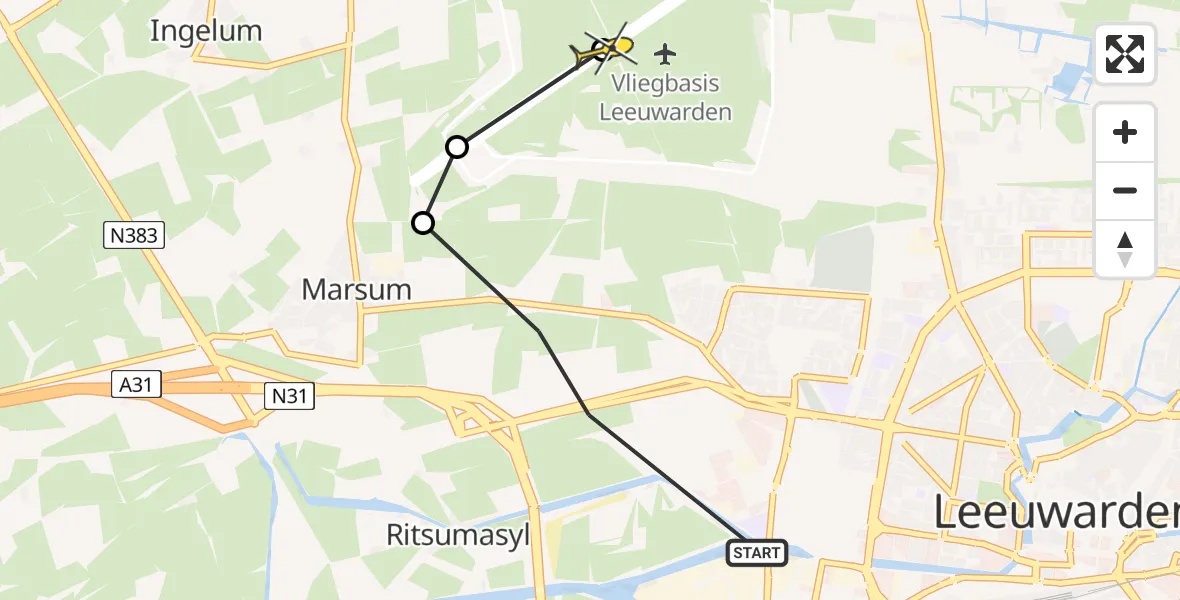 Routekaart van de vlucht: Ambulanceheli naar Vliegbasis Leeuwarden, Ljouwerterdyk