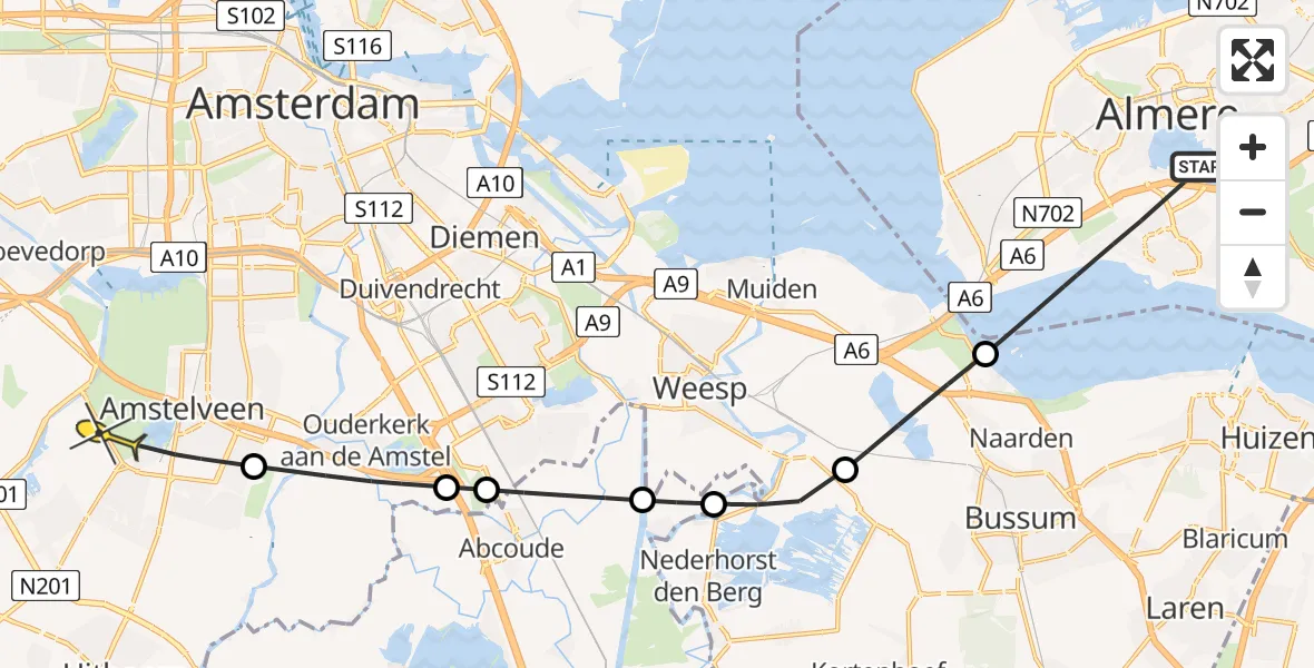 Routekaart van de vlucht: Politieheli naar Amstelveen, Bosgouw