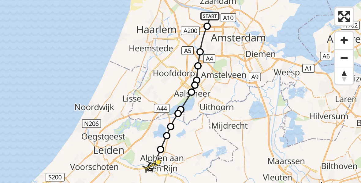 Routekaart van de vlucht: Lifeliner 1 naar Alphen aan den Rijn, Nieuw-Zeelandweg