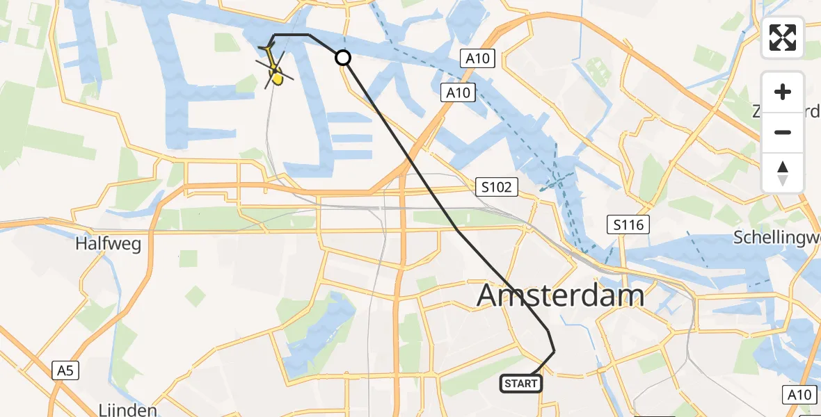 Routekaart van de vlucht: Lifeliner 1 naar Amsterdam Heliport, Herengracht