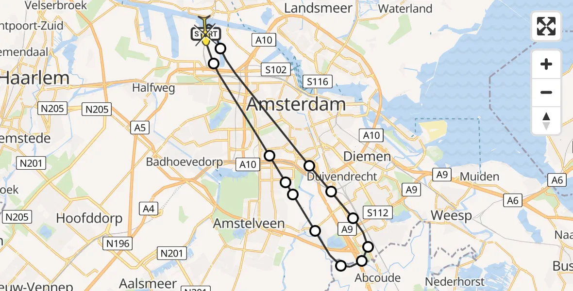 Routekaart van de vlucht: Lifeliner 1 naar Amsterdam Heliport, Corsicaweg