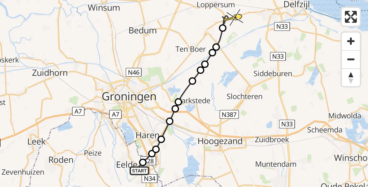 Routekaart van de vlucht: Lifeliner 4 naar Garrelsweer, Burgemeester J.G. Legroweg