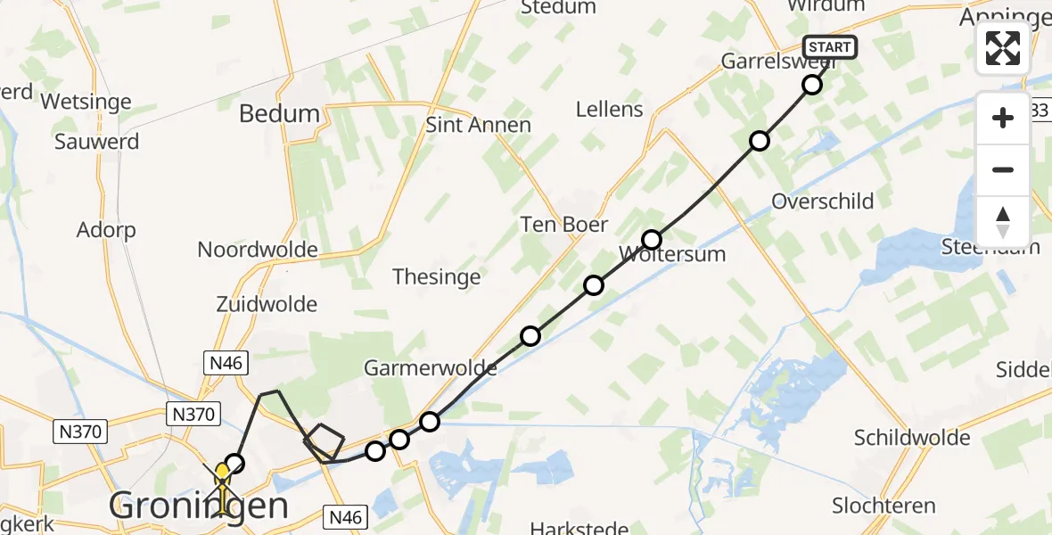 Routekaart van de vlucht: Lifeliner 4 naar Universitair Medisch Centrum Groningen, Hoeksmeersterweg