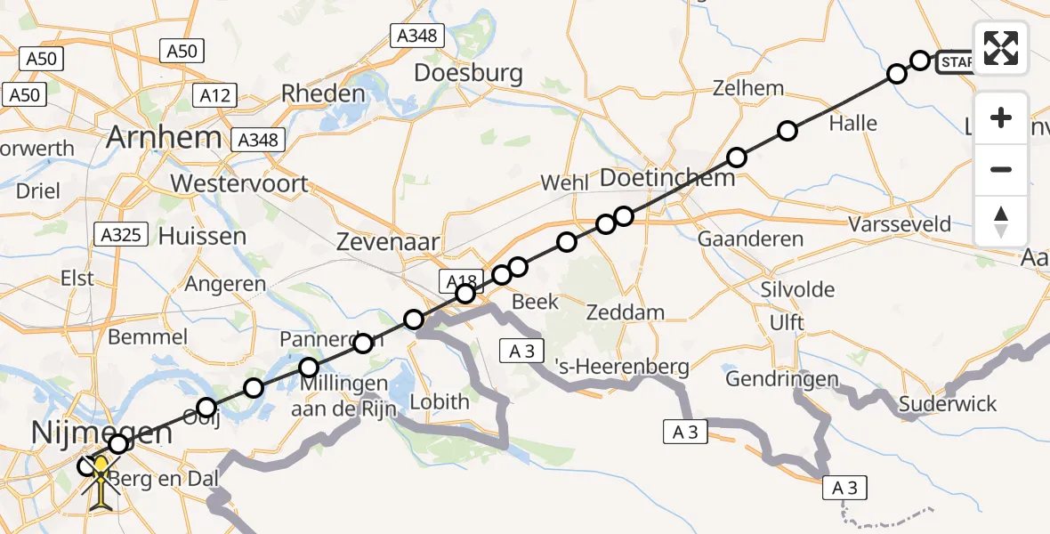 Routekaart van de vlucht: Lifeliner 3 naar Radboud Universitair Medisch Centrum, Trekkersweg